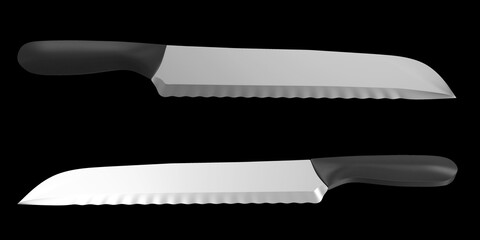 Group of kitchen knives for bread isolated on black background