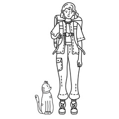 Linear outline drawing doodles tourist girl in trousers and with a backpack behind his back for travel. Sitting next to a cat. Travel concept on a white background. Doodle set