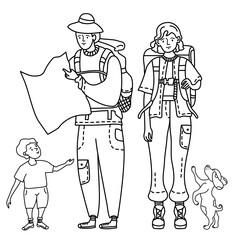 Linear outline drawing doodles tourist family. A girl in pants with pockets and with a backpack behind her back to travel. A man in a hat holds a card in his hands, a child stands nearby and a dog