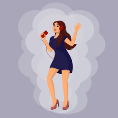 A girl with headphones is dancing and singing