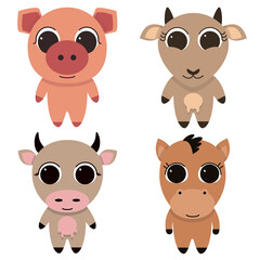 Funny animals living on the farm pig, horse, goat and cow.