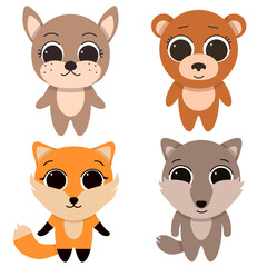Forest animals rabbit, bear, Fox and wolf, on a white background.