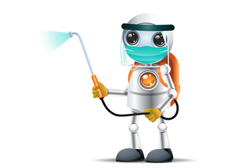 Fototapeta na wymiar 3D illustration of a little robot medic spraying disinfectan for killing corona viruses