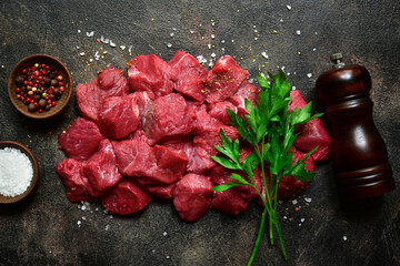 Raw organic meat ( beef or lamb ) . Top view with copy space.
