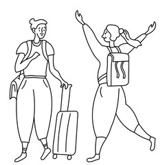 Line drawing karakul two joyful girls tourists. One with a bag on his shoulder and a suitcase on wheels. The second with a backpack. Doodle set.