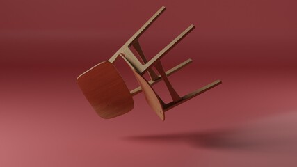 A wooden chair flies in the air, for the kitchen, hallway, on a red background in the studio. Furniture store. 3D rendering