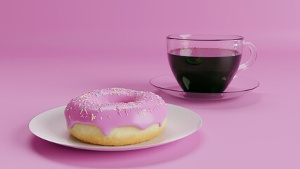 Donut pink on a plate on a pink background, a transparent cup with coffee, tea, breakfast. 3D rendering