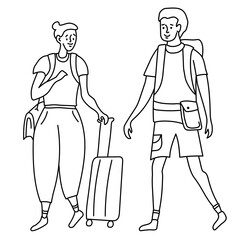 Linear outline drawing girl and guy tourists. She has a bag on her shoulder and a suitcase on wheels. He is with a backpack behind him. Doodle set.