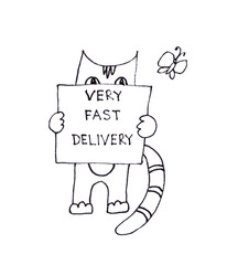 a graphic drawing of a striped cat and a butterfly with box. on the boxes it is written - very fast delivery