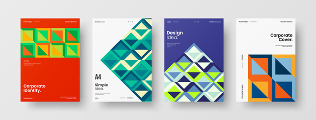 Company identity brochure template collection. Business presentation vector A4 vertical orientation front page mock up set. Corporate report cover abstract geometric illustration design layout bundle.