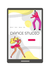 Vector flat illustration with landing page, web design, image dancing couple on abstract background. There are menu buttons. Vertical format. Concert dance studios, schools, clubs.