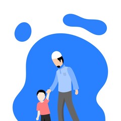 Vector flat illustration of a muslim father walking with his son.