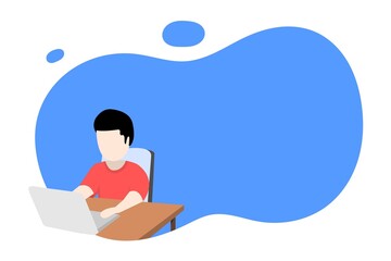Man working on laptop at home. Vector flat style illustration. Home office concept. For web design, landing page, and presentations.