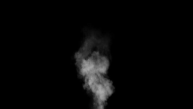 Steam / smoke blowing from vent, 4K. Slow motion water mist stream with wind effect over black background. Realistic dry smoke clouds fog overlay perfect for compositing into your shots.
