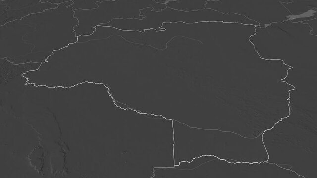 Tabora, region with its capital, zoomed and extruded on the bilevel map of Tanzania in the conformal Stereographic projection. Animation 3D