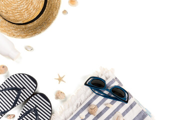 Beach accessories.Summer vacation concept.Travel mood to the sea.