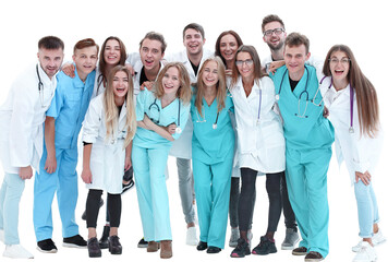 top view. a group of smiling doctors pointing at you.