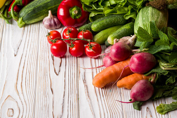 a crop of summer home vegetables from the market, place for text,