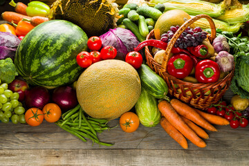 vitamin fresh and ripe vegetables in a basket from the grocery market, watermelon and melon carrots...