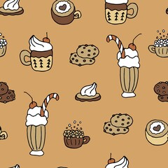 Christmas Seamless pattern hot winter drinks.pattern  x-mas beverages.Seamless pattern of coffee,pattern for coffee shop wrapping paper,packing, hot drinks, new year drinks,hot winter drinke