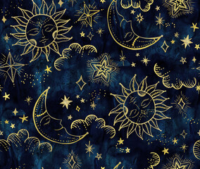 Astrological Sun and Moon with stars pattern
