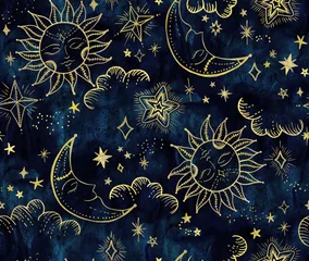 Foto op Plexiglas Blauw goud Astrologische zon en maan met sterrenpatroon