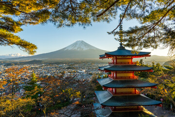 Mt. Fuji with red pagoda in autum, Fujiyoshida, Japan