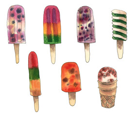 Set of different types of ice cream. Tasty summer dessert Isolated on a white background. Bright fruit collection for your design. Mixed media watercolor and ink.