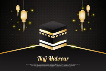 Hajj Mabrour Background with Kaaba and Golden Lanterns. Islamic Background for Banner, Poster, Wallpaper, or Greeting Card