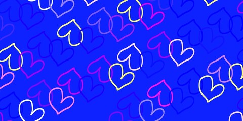 Light Pink, Blue vector pattern with colorful hearts.