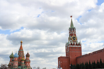 View from Red Square on the Spasskaya Tower and St. Basil's Cathedral, Moscow, Russia