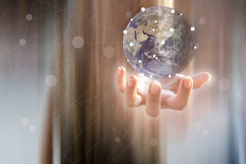 usiness woman holding in hands with global connection concept and social media and network icons.3d illustrationElements of this image furnished by NASA,3d illustration	