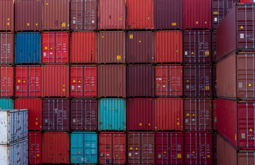 red and blue shipping container stacked up together australia