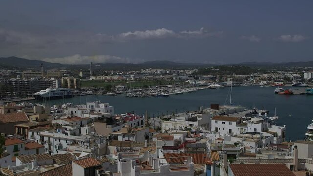 Ibiza town cityscape view of bay shot on RED Helium 8K with 18mm lens at 60fps in RED Gamma 2.2