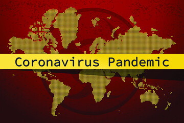 Red yellow and black dotted World map with coronavirus pandemic ribbon and biohazard sign with grunge effect