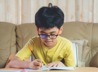 Naklejka na ściany i meble Asia boy wear glasses writing homework, take notes from online lessons or from school in workbook with smiling in living room front of sofa