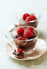 Chocolate Raspberry Pudding on bright wooden background. Close up.  