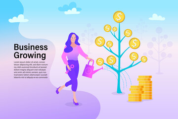 Business investment with money tree illustration. Man watering tree with bitcoin symbols. Business Development, Profit Growth Illustration.