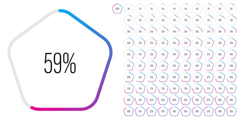 Set of pentagon percentage diagrams meters from 0 to 100 ready-to-use for web design, user interface UI or infographic - indicator with gradient from cyan blue to magenta hot pink