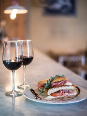dinner with wine and sandwich
