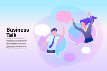 partner chat with buble chat. businesswoman and businessman in speech bubble, smiling female and male,flat vector illustration.