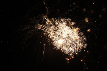 Festive fireworks in the night sky. New Year, Christmas