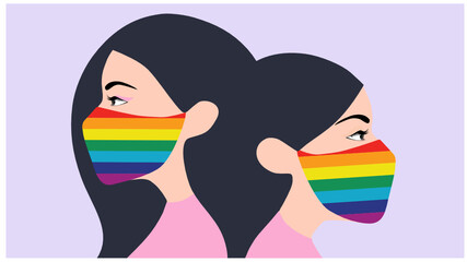 Two women wearing rainbow face mask to protect covid-19 coronavirus outbreak vector illustration. LGBT transgender symbol concept background