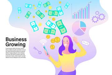 business success concept. Marketing online. Money rain illustration. Woman standing under money falling down. Vector illustration in flat style.