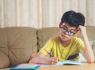 Asia boy wear glasses writing homework, take notes from online lessons or from school in workbook with smiling in living room front of sofa