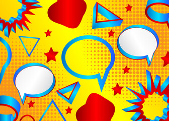 Minimalist abstract speech bubble pattern background with gradient geometric elements. Vector blue, red and yellow comic