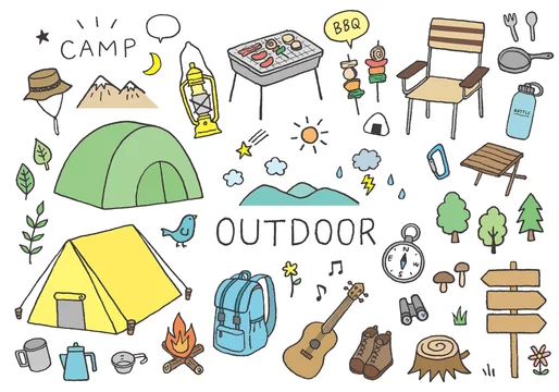 キャンプ アウトドアにまつわる手書きイラスト カラー Stock ベクター Adobe Stock