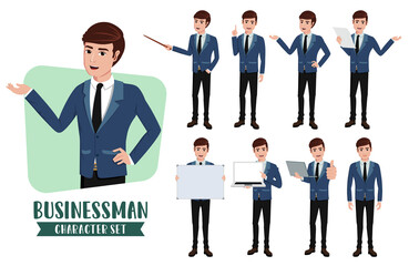 Business man character vector set. Businessman characters sales presentation pose of professional office employee standing and talking isolated in white background. Vector illustration.      
