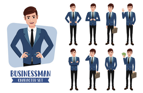 Businessman characters vector set. Business man character professional office head manager in different standing pose and gestures for business sales and career. Vector illustration.