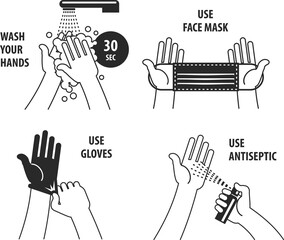 Coronavirus Prevention Badges are the main protective measures against coronavirus. Icons advice and recommendations for the fight against viral diseases. Vector illustration. Flat infographics.